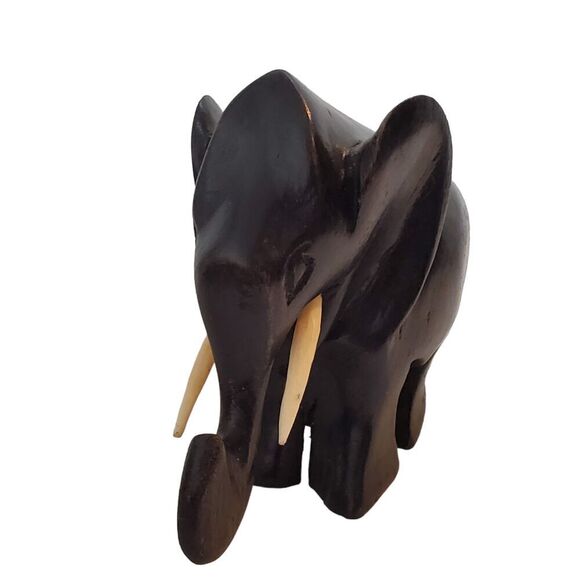 Hand Carved Wooden Elephant 4 Inches tall Removable Tusks Dark Brown to black - Picture 2 of 6